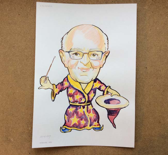 шарж бухгалтера-волшебника в День защитника Отечества в Минске от шаржиста Мишеля, Михаила Шабалина